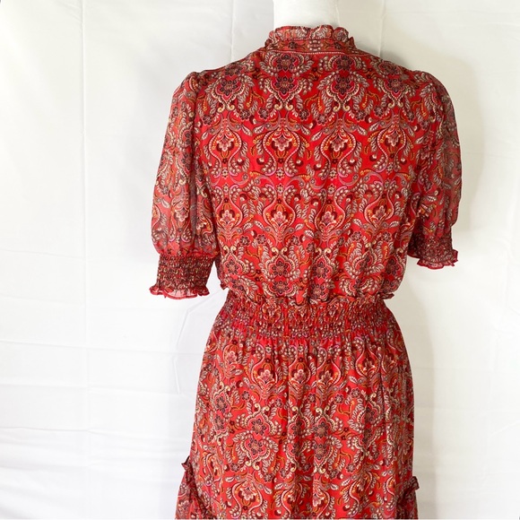 Max Studio Tiered Floral Midi Dress Small Red Tiered Ruffle Paisley Empire S - Picture 10 of 14